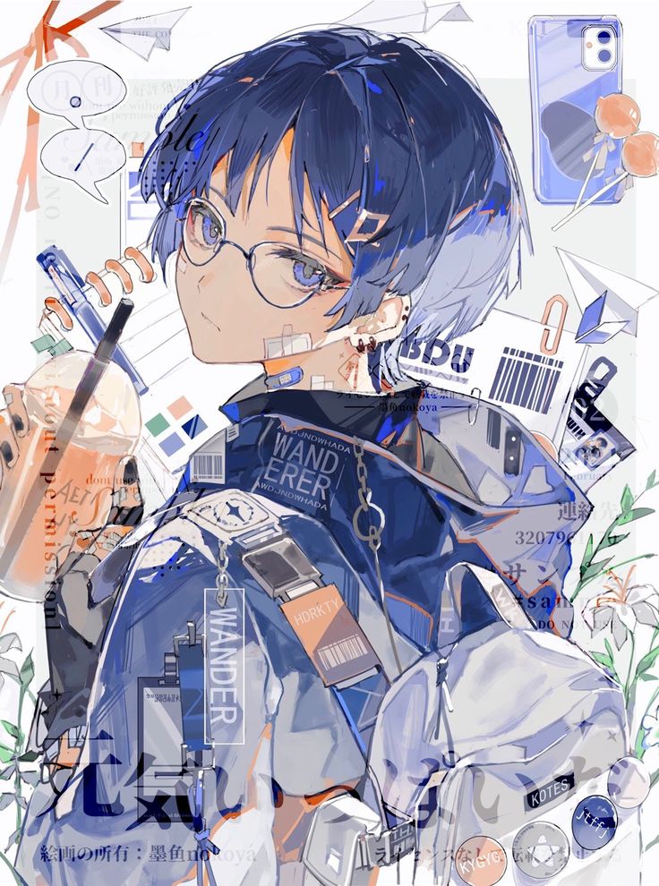 an anime character with glasses holding a cell phone in one hand and writing on the other