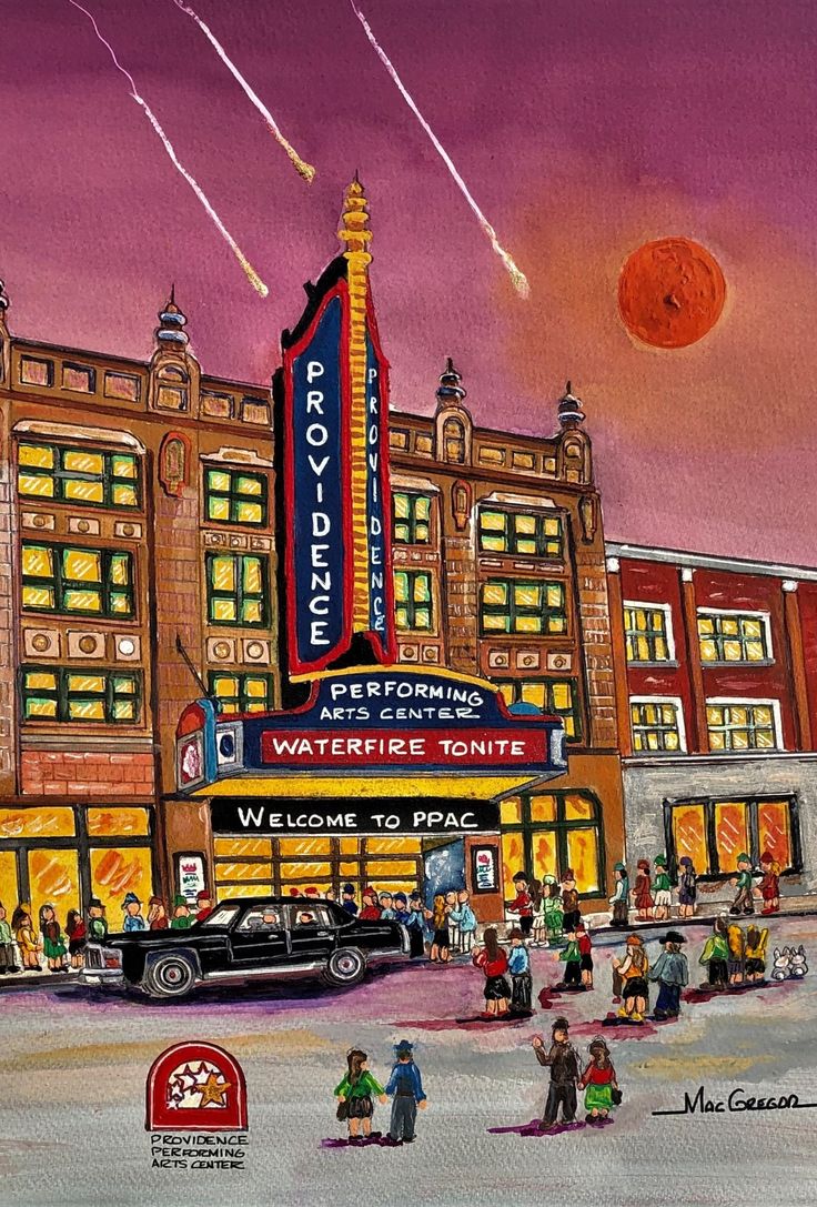 an oil painting of people walking in front of a theater at night with jets flying overhead