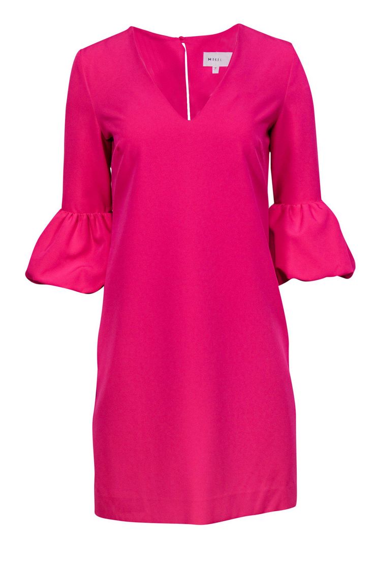 Current Boutique-Milly - Hot Pink Shift Dress w/ Puff Sleeves Sz 4 Pink V-neck Puff Sleeve Dress With Gathered Sleeves, Elegant Pink Puff Sleeve Dress With Pleated Sleeves, Elegant Pink Mini Dress With Gathered Sleeves, Feminine Pink Puff Sleeve Knee-length Dress, Elegant Pink Dress With Gathered Sleeves, Elegant Pink Puff Sleeve Mini Dress, Elegant Pink Mini Dress With Puff Sleeves, Spring Mini Dress With Pleated Sleeves, Spring Pink Mini Dress With Pleated Sleeves