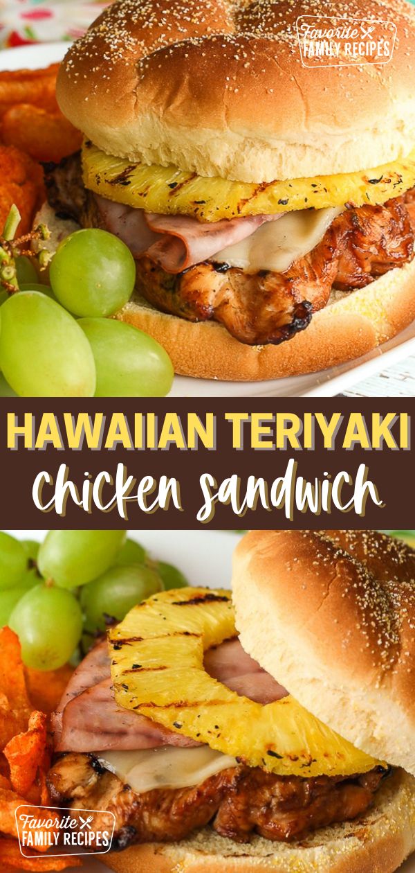 hawaiian teriyaki chicken sandwich with pineapples on the side and green grapes