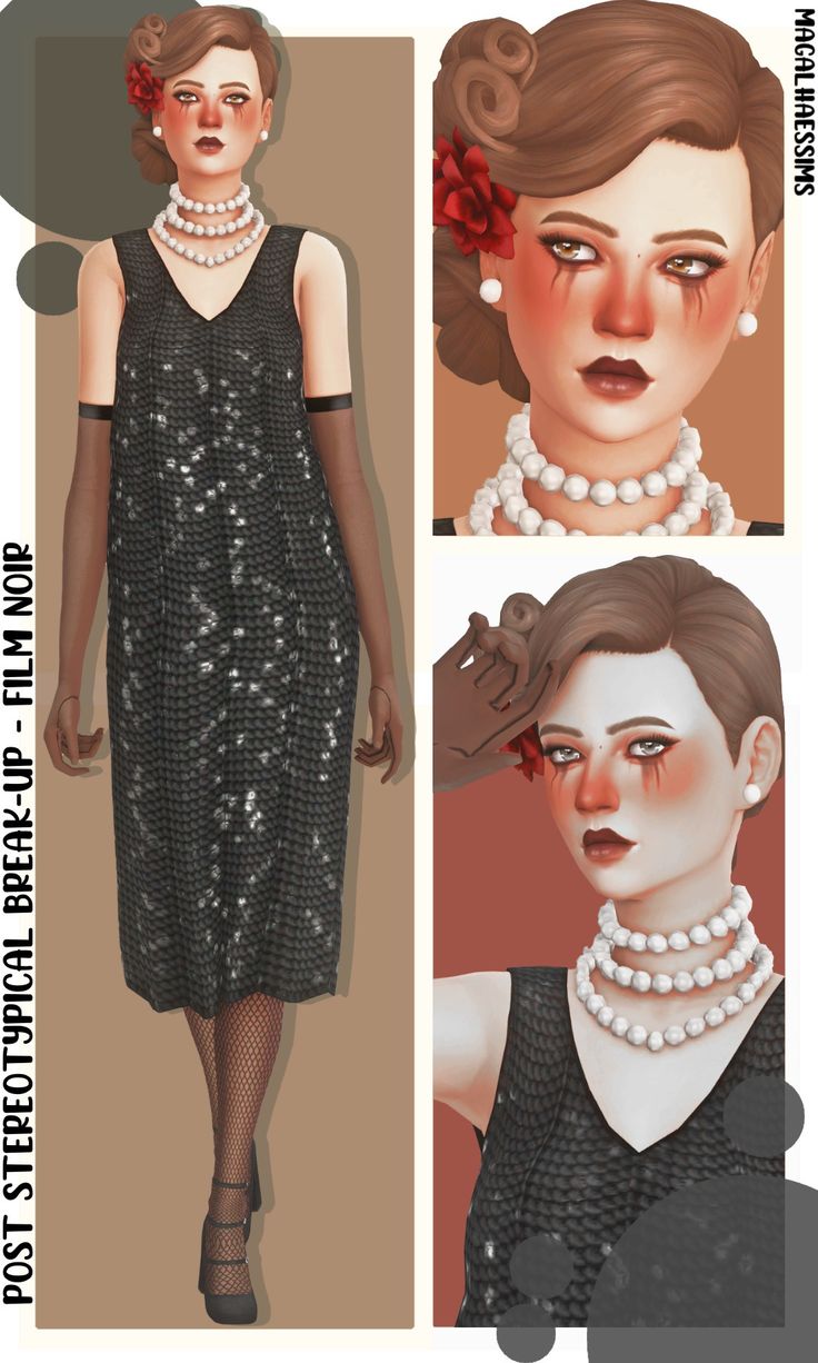 three different images of a woman in black dress and pearls on her head, with the same