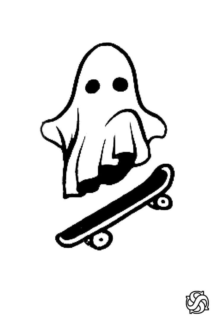 a black and white drawing of a skateboard with a ghost on it's face