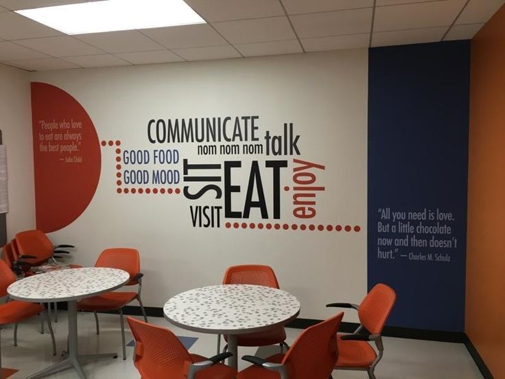 an office with tables and chairs in front of a wall that reads communicate eat enjoy