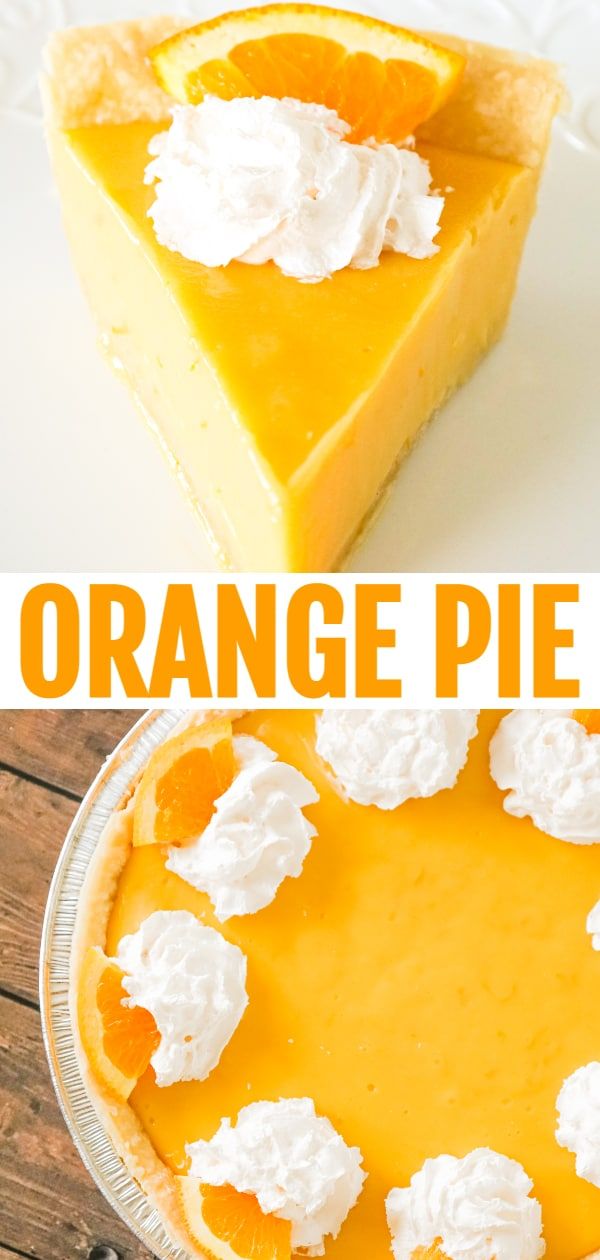 an orange pie with whipped cream on top is shown in two different pictures, and the bottom one has a slice missing