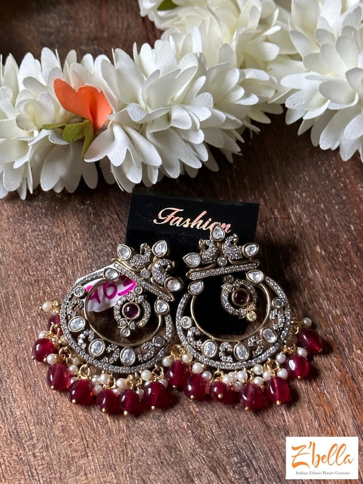 Victorian Finish Chandbali With Kundan And Ruby Red Stone Earrings Gold Tone Stone Gold, Red Stone, Gold Gold, Ruby Red, Gold Earrings, Gold Tones, Ruby, Gold Plate, Plating