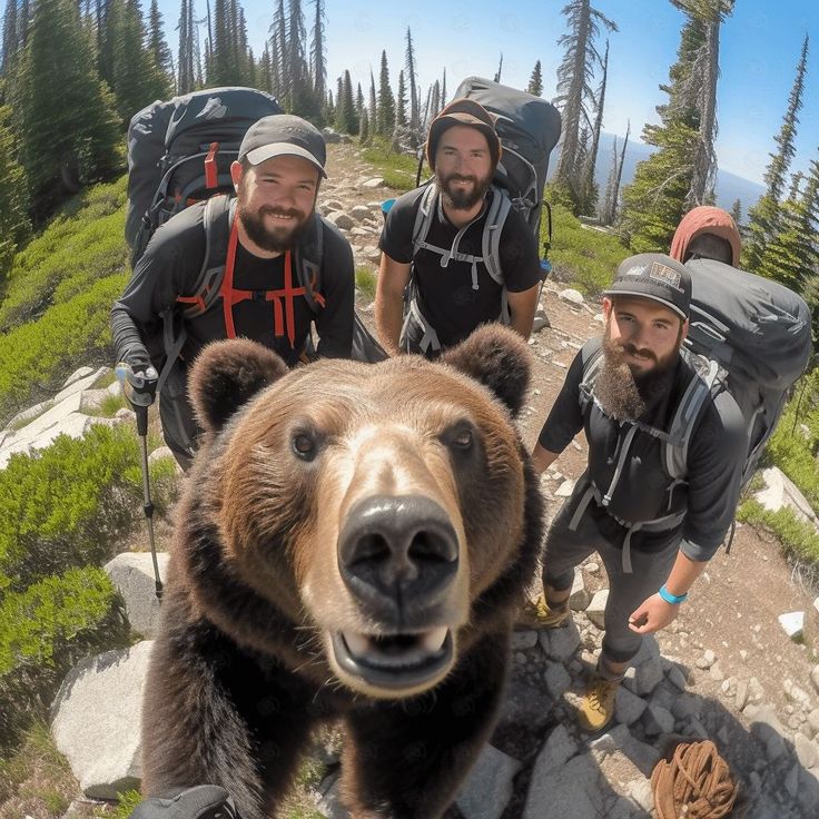 three men with backpacks are standing next to a bear on the side of a mountain