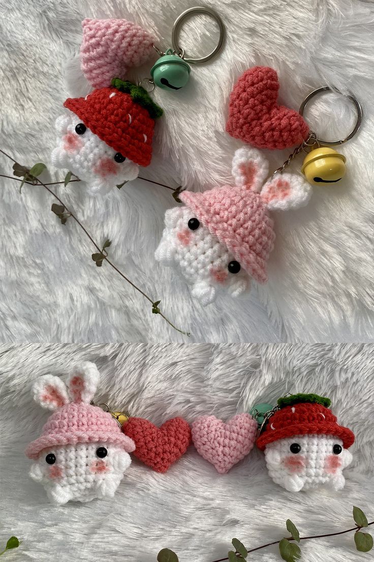 crocheted keychains with small animals wearing hats