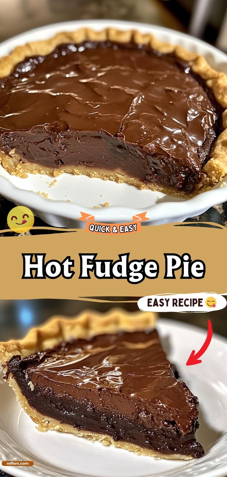 a chocolate pie on a white plate with the words hot fudge pie below it