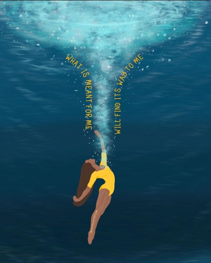 a woman floating in the water with her head above the water's surface and words written below it