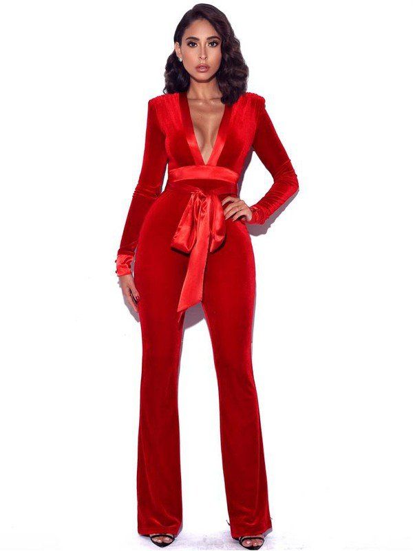 Lush Long Sleeve Velvet Jumpsuit -Fason De Viv Red Velvet Jumpsuit, Bold Heels, Velvet Jumpsuit, Flare Jumpsuit, Glam Look, Red Jumpsuit, Glam Looks, Red Long Sleeve, Fiery Red