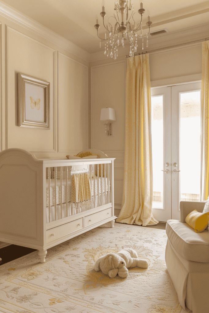 a baby's room with a white crib, chandelier and yellow curtains