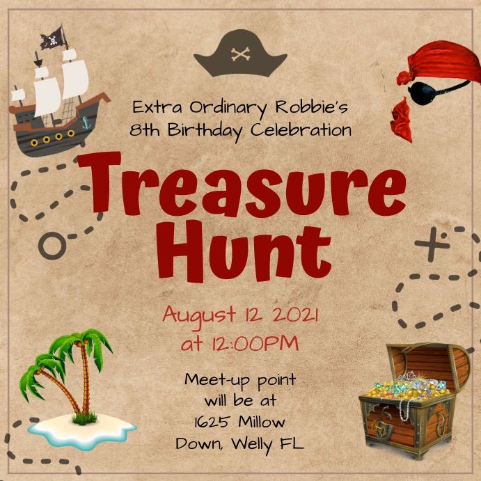 a pirate birthday party flyer with an image of a chest and other items on it