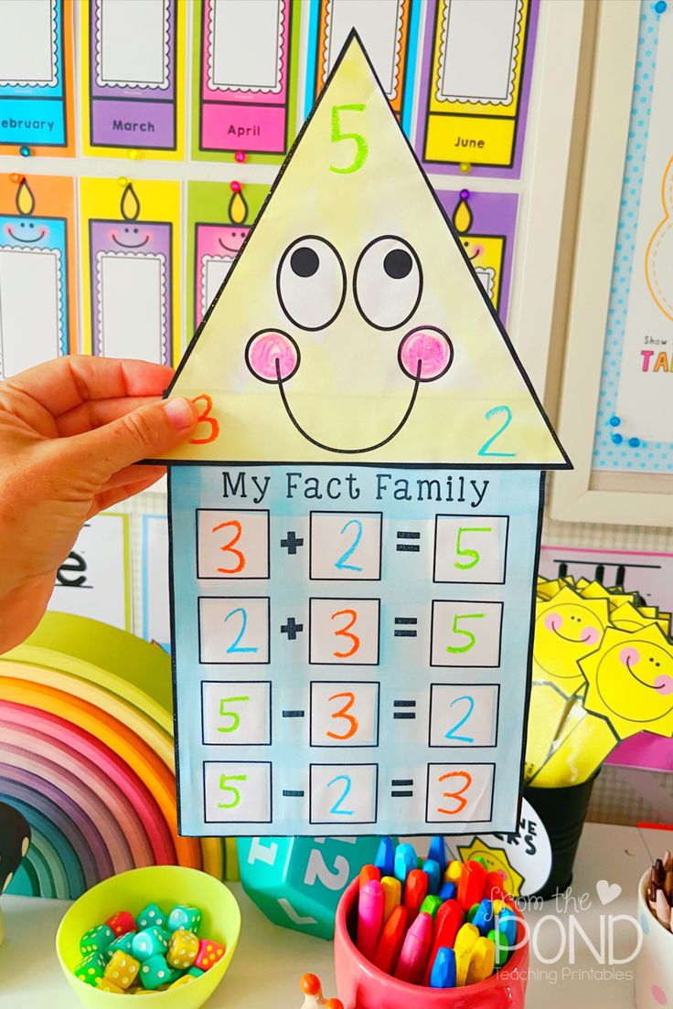 a child's hand holding up a paper house with numbers and faces on it