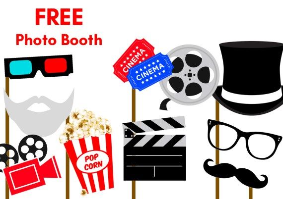 a photo booth with movie props, popcorn, and film claps on sticks for free