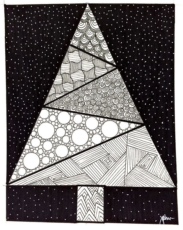 a black and white drawing of a christmas tree with circles on it's top