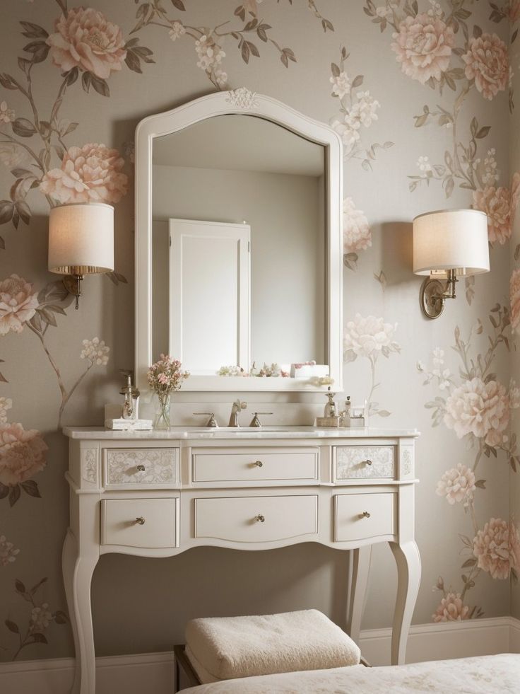 a white dresser sitting under a mirror next to a wall with flowers painted on it