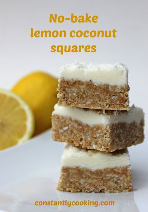 no - bake lemon coconut squares stacked on top of each other