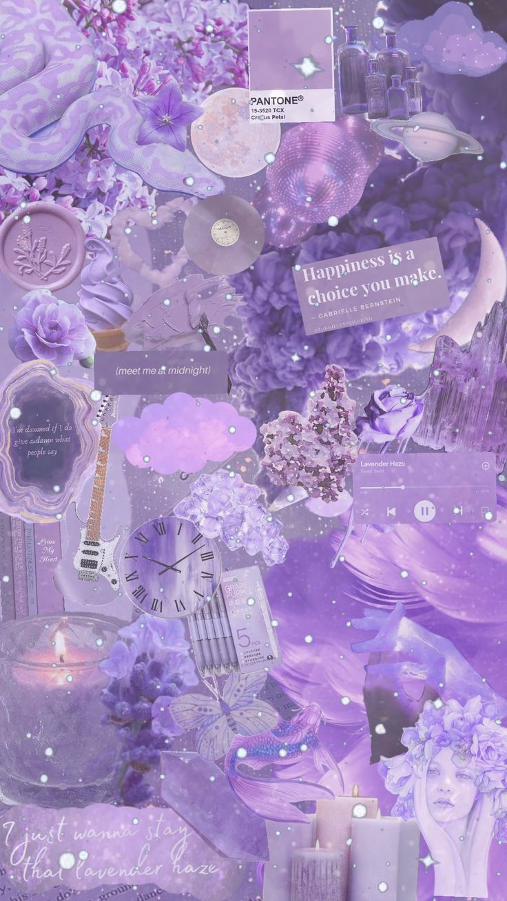 a collage of purple and white items with sparkles, candles, and flowers