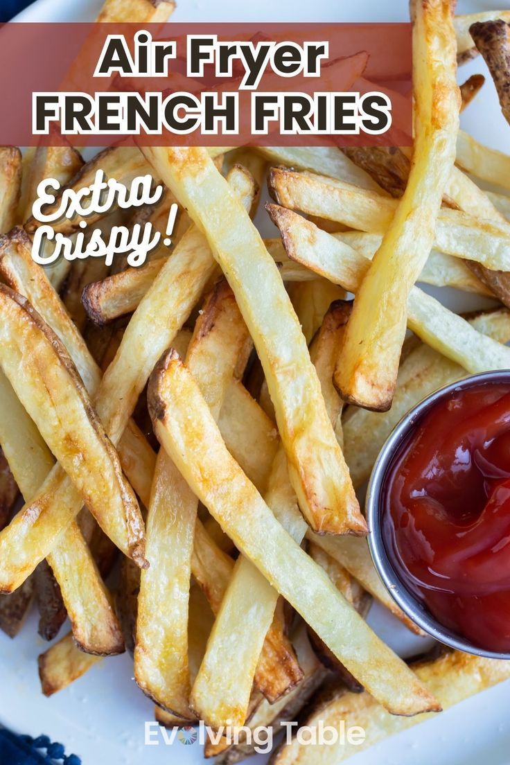 air fryer french fries with extra crispy ketchup on a white plate