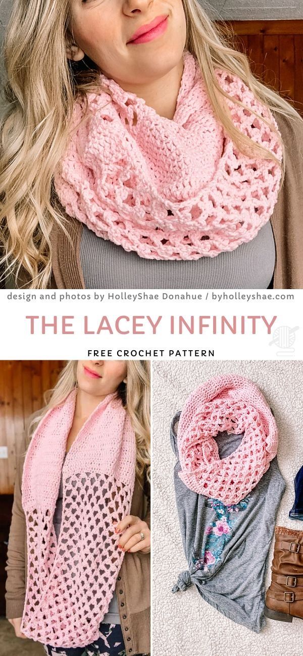 a woman wearing a pink crochet scarf with the text, the lacy infinity free crochet pattern