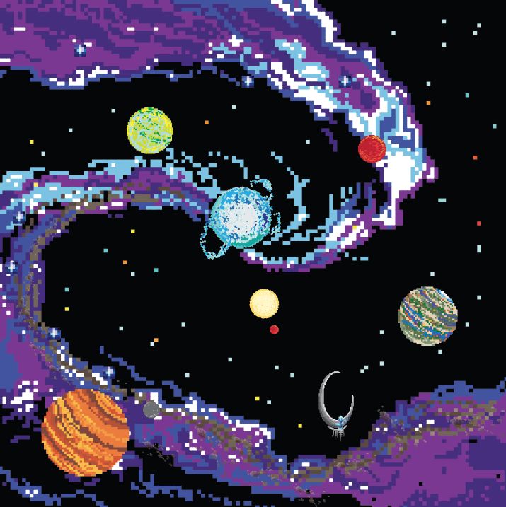 the solar system is depicted in this pixel art style painting, which depicts planets and their satellites