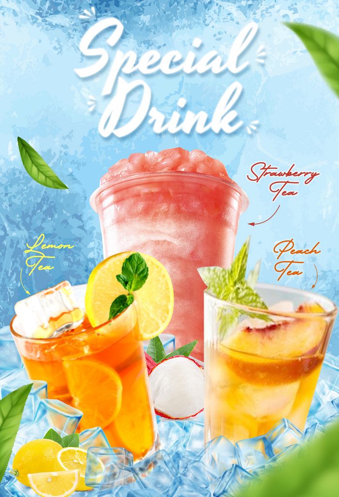 a poster with some drinks and ices on it that says special drink, stop by