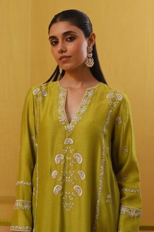 Lime green full sleeves A-line kurta with Bahar silk thread embroidery, highlighted with zari and sequins. Paired with a pant and an embroidered dupatta. - Aza Fashions Pista Green Long Sleeve Kurta For Transitional Season, Pista Green Long Sleeve Kurta, Spring Green Kurta With Cutdana, Pista Green Long Sleeve Silk Kurta, Spring Long Sleeve Kurta With Gota Work, Spring Cutdana Set With Long Sleeves, Long Sleeve Silk Dresses With Cutdana, Elegant Green Tops For Eid, Spring Cutdana Long Sleeve Sets