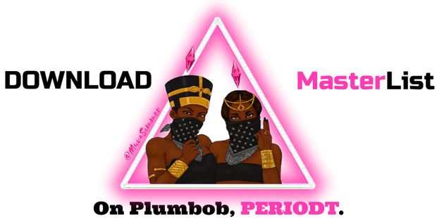 a pink triangle with two black people in it and the text, master list on plumbob, periodt