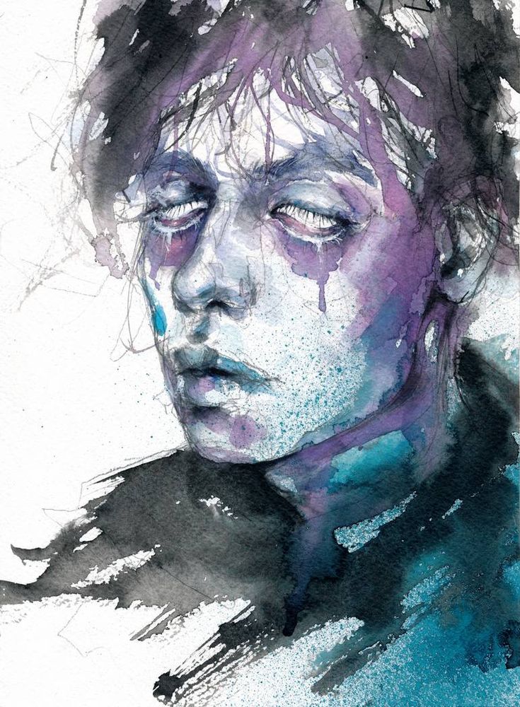 a watercolor painting of a man with tears on his face and hair in the wind