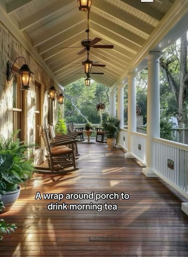 a porch with rocking chairs and potted plants on the front steps is featured in this ad