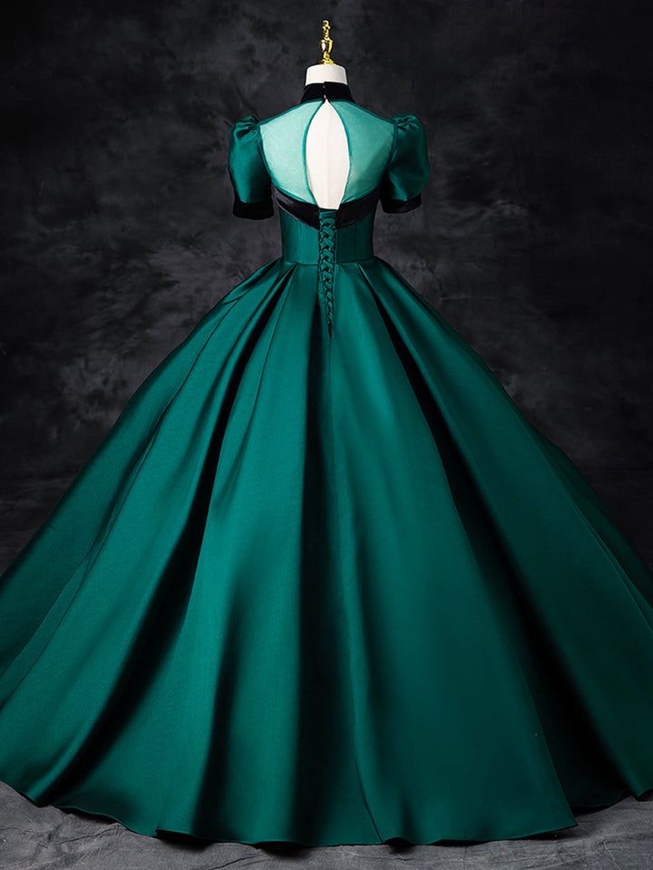 Green Satin Floor Length See-Through Ball Gown, Elegant High Neck Formal Evening Dress Green Satin Prom Dress, Ball Gown Elegant, Satin Long Prom Dress, Prom Dress Elegant, High Neck Prom Dress, Occasion Dresses Wedding Guest, Gown Elegant, Prom Dresses Elegant, Formal Evening Dress