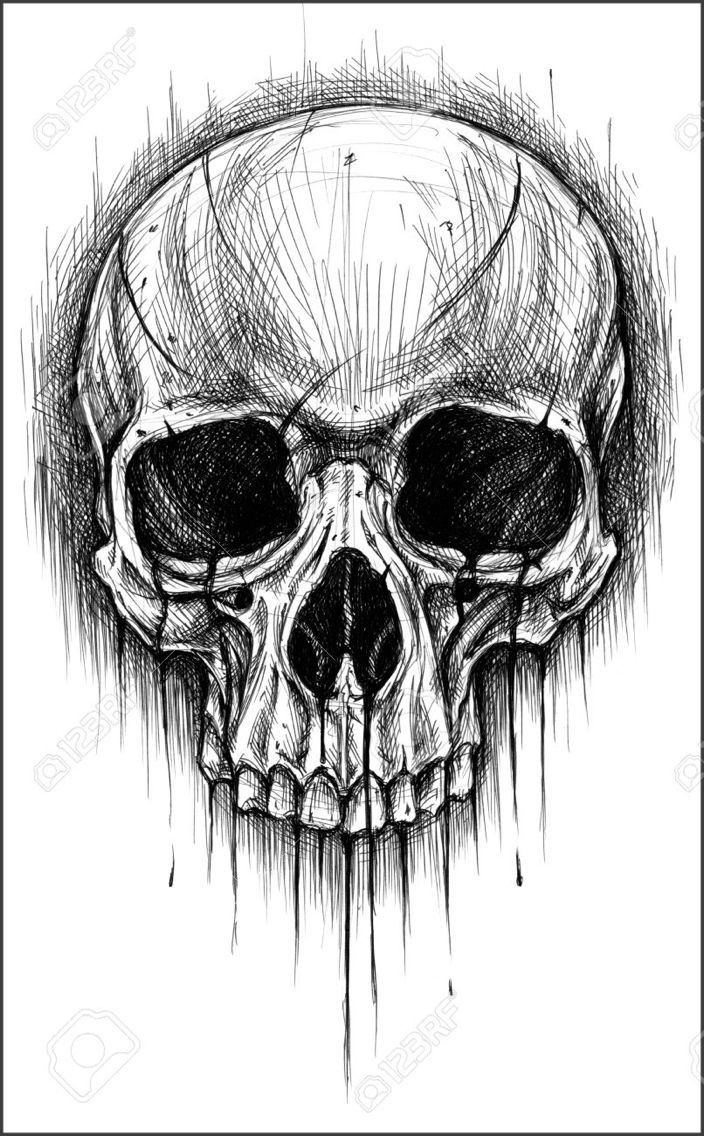 a black and white drawing of a skull