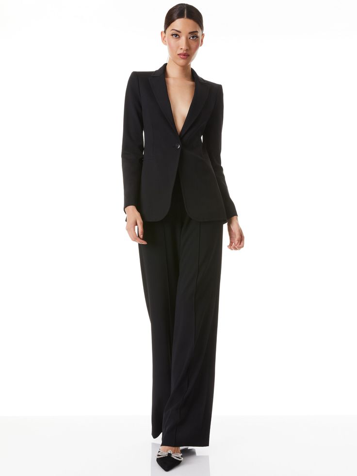 Breann Long Fitted Blazer In Black Elegant Notch Lapel Pantsuit For Night Out, Chic Single Button Blazer For Night Out, Chic Structured Office Blazer, Chic Formal Blazer With Pressed Crease, Chic Tailored Blazer For Formal Occasions, Sleek Long Sleeve Formal Pantsuit, Sleek Notched Suit For Office Wear, Sleek Notched Suits For Office Wear, Sleek Notched Suits For Office