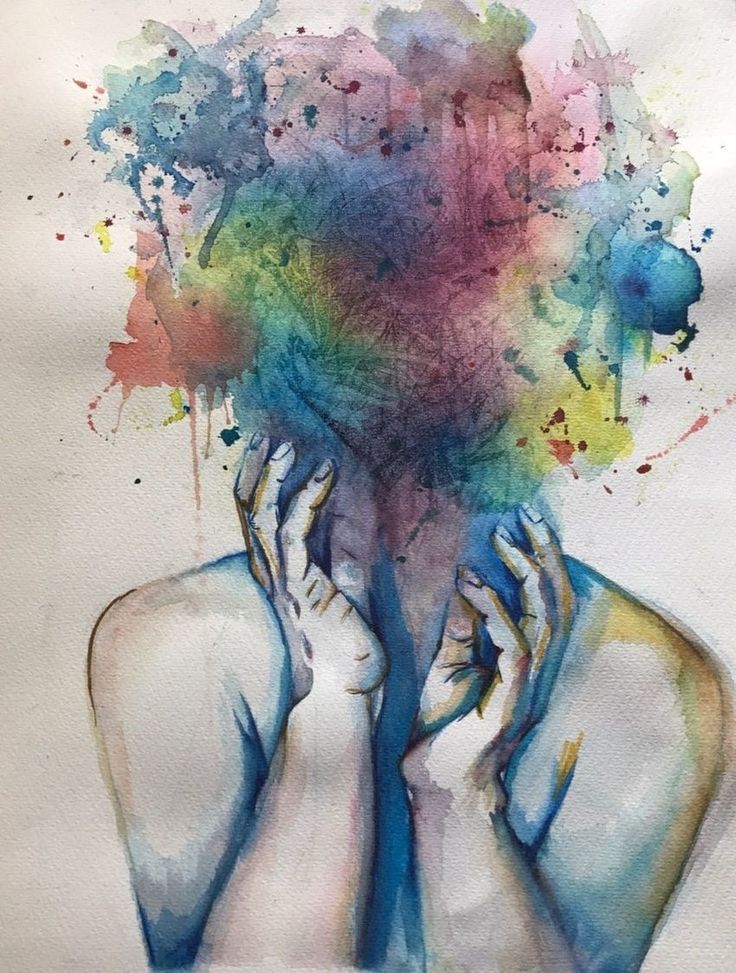 a watercolor painting of a woman covering her face with hands and holding her head