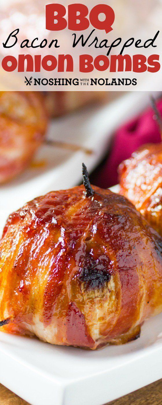 bacon wrapped onion rolls on a plate with the words bbq bacon wrapped onion rolls