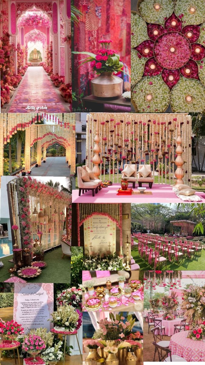 the collage shows many different types of flowers and decorations in pink, gold and green