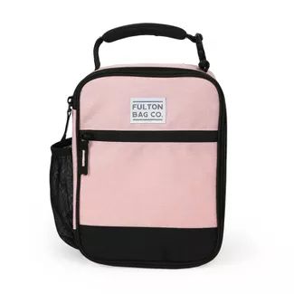 a pink and black lunch bag on a white background