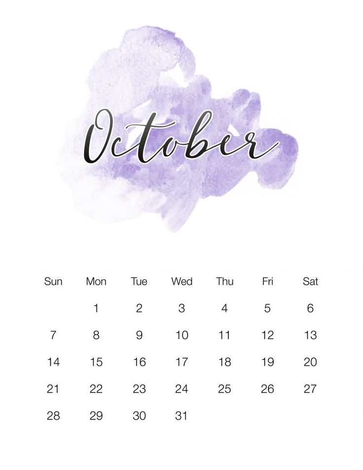 a calendar with the word october written in black ink on white paper and purple watercolor paint