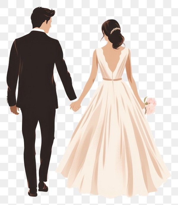 a bride and groom holding hands in their wedding gowns, transparent background png