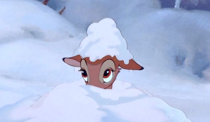 an animated animal with big eyes peeking out from the snow