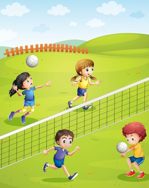 kids playing volleyball in the field with net and ball on green grass illustration for children's book