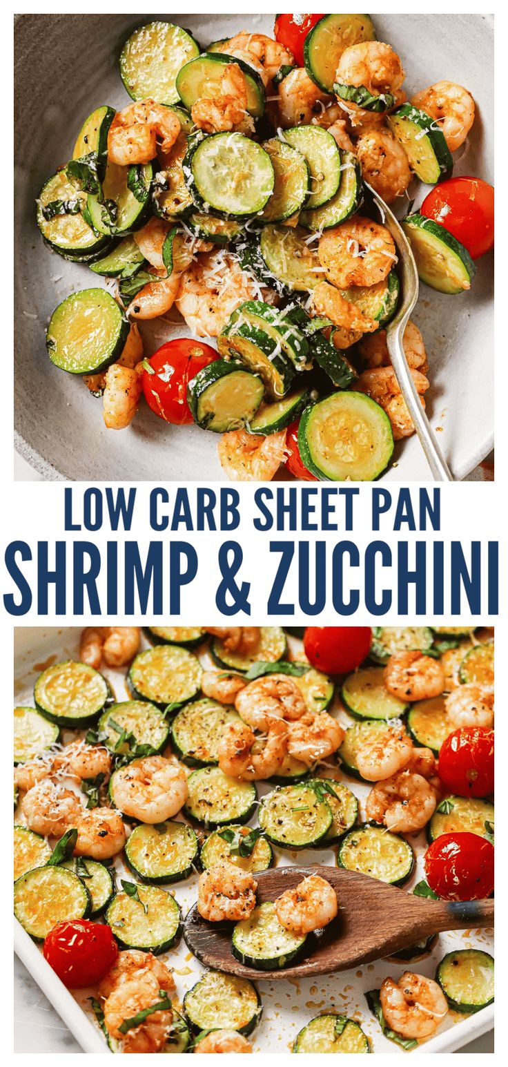 low carb sheet pan shrimp and zucchini with text overlay that reads low carb sheet pan shrimp and zucchini