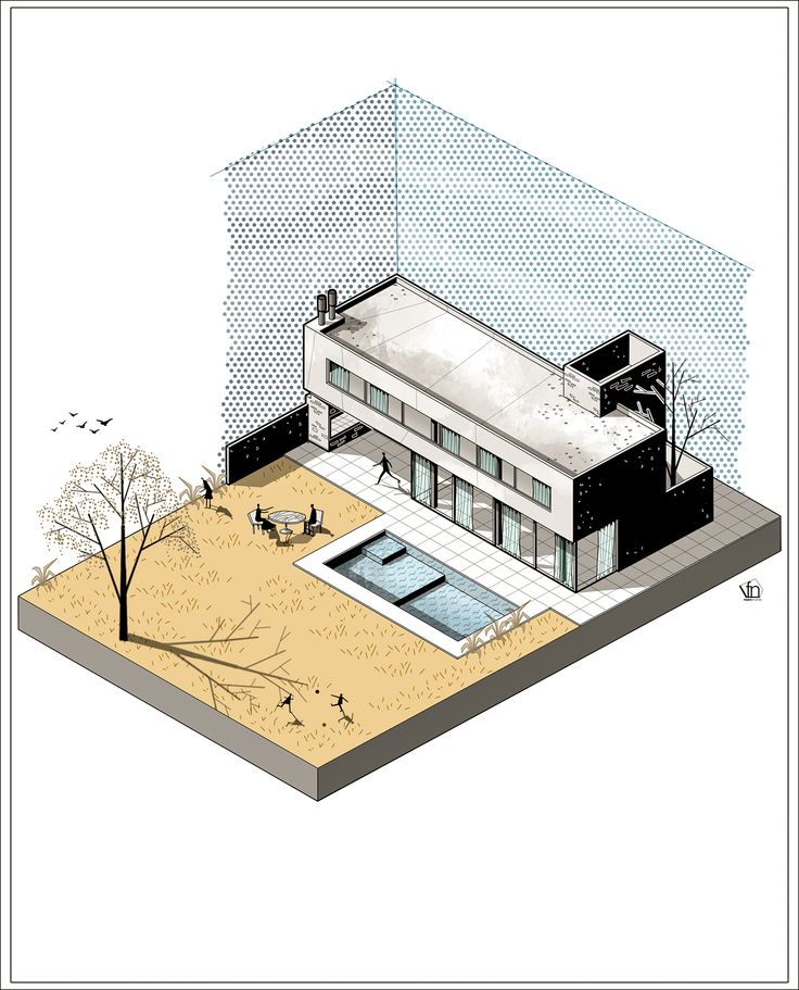 an architectural drawing of a house with a swimming pool in the yard and trees around it