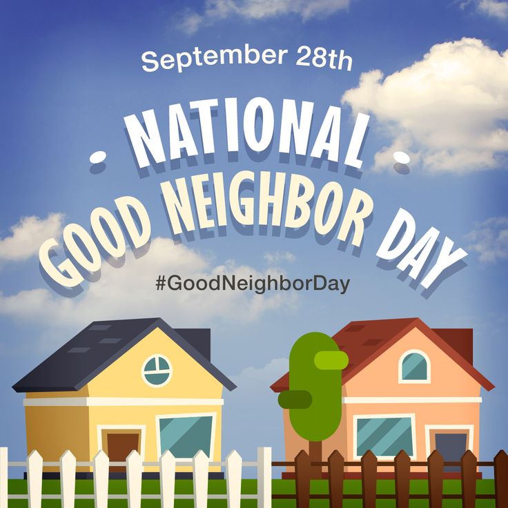 a poster for the national good neighbor day with two houses and a fence in front