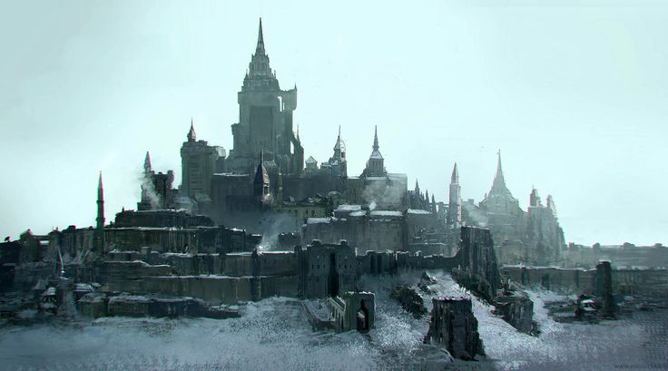 a castle with towers and spires is shown in the snow