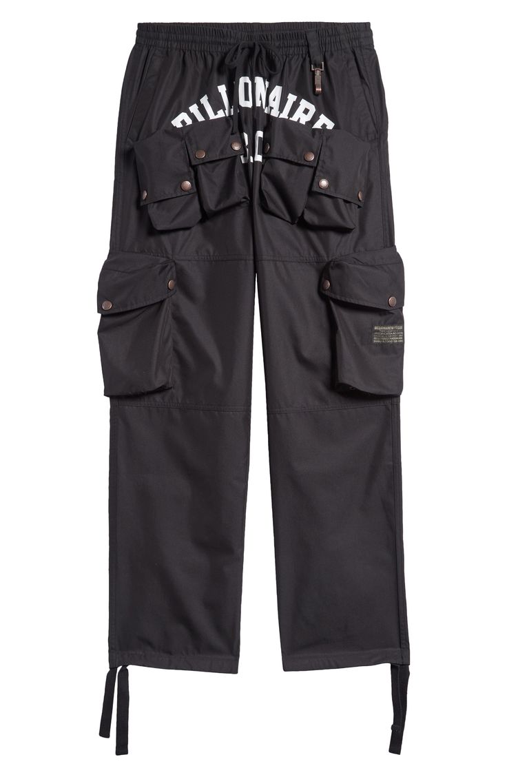 These cotton-blend cargo pants have an array of pockets and a slouchy silhouette for a streat-ready look. 30 1/2" inseam; 18" leg opening; 13" front rise; 16" back rise (size Medium) Elastic/drawstring waist Front snap-patch pockets; cargo snap-patch pockets; back decorative pocket flaps Lined 63% cotton, 37% nylon Hand wash, dry flat Imported Black Owned/Founded Heat Index, Billionaire Boy, Billionaire Boys Club, Nordstrom Store, Black Fits, Cargo Pants, Drawstring Waist, Black Pants, Cotton Blend