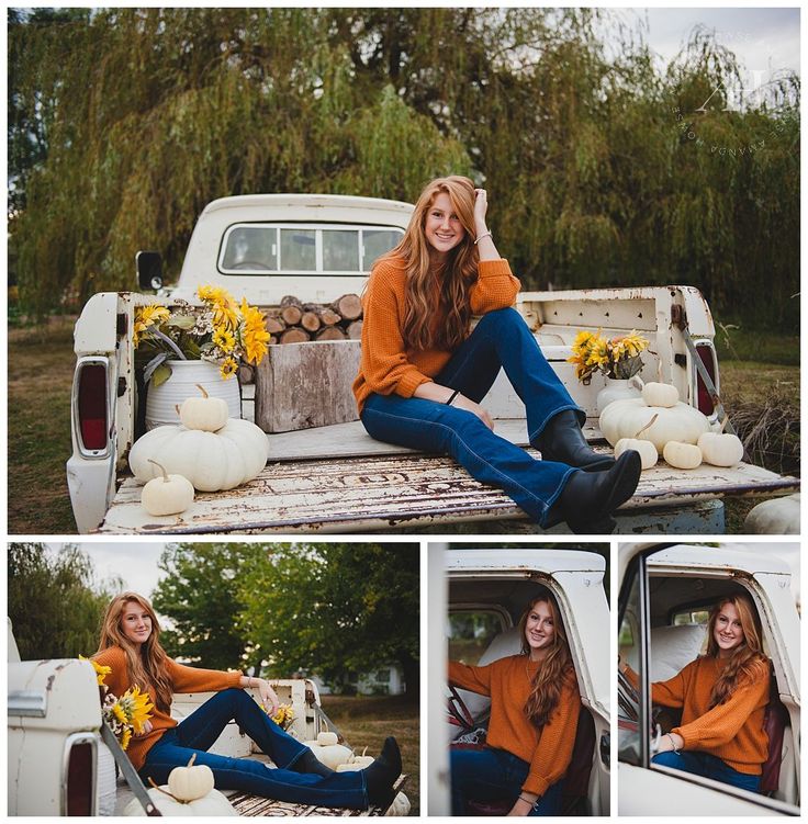 a woman sitting on the back of a truck with sunflowers in her hair