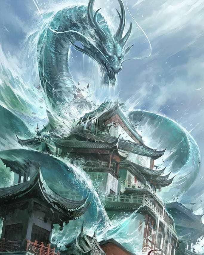 a large dragon is on top of a building in the ocean with waves crashing around it