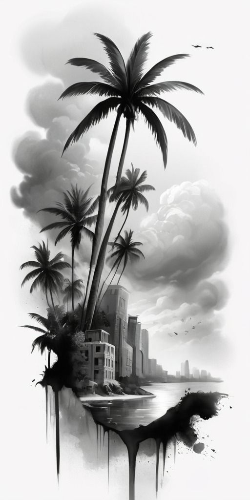 a black and white painting of palm trees in front of a body of water with buildings on it