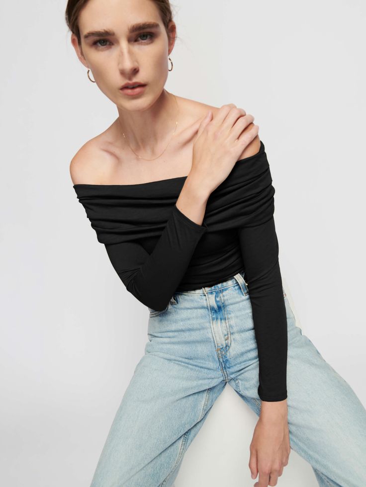 Feel fancy (without any of the effort). This fold-over off the shoulder top has an easy, draped fit for a perfectly undone vibe. (This one comes in Jet Black.) | Women's Abana Off Shoulder Top in Jet Black | Ethical Essentials Fitted Off-shoulder Top For Fall, Chic Fitted Off-shoulder Long Sleeve Top, Ruched Off-shoulder Blouse For Night Out, Versatile Fitted Draped Top, Off-shoulder Ruched Blouse For Night Out, Fitted Off-shoulder Top With Foldover Top For Fall, Fitted Off-shoulder Foldover Top For Fall, Fitted Foldover Off-shoulder Top For Fall, Black Ruched Off-shoulder Top